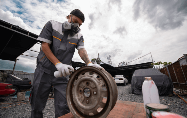 Technician Using Spray Paint to Refinish a Car Wheel Rim